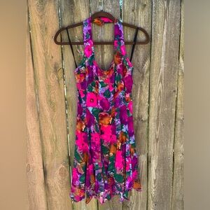 Vintage KNAPP Studio California Dress Floral Halter Swing Size 3 Small Rayon 80s